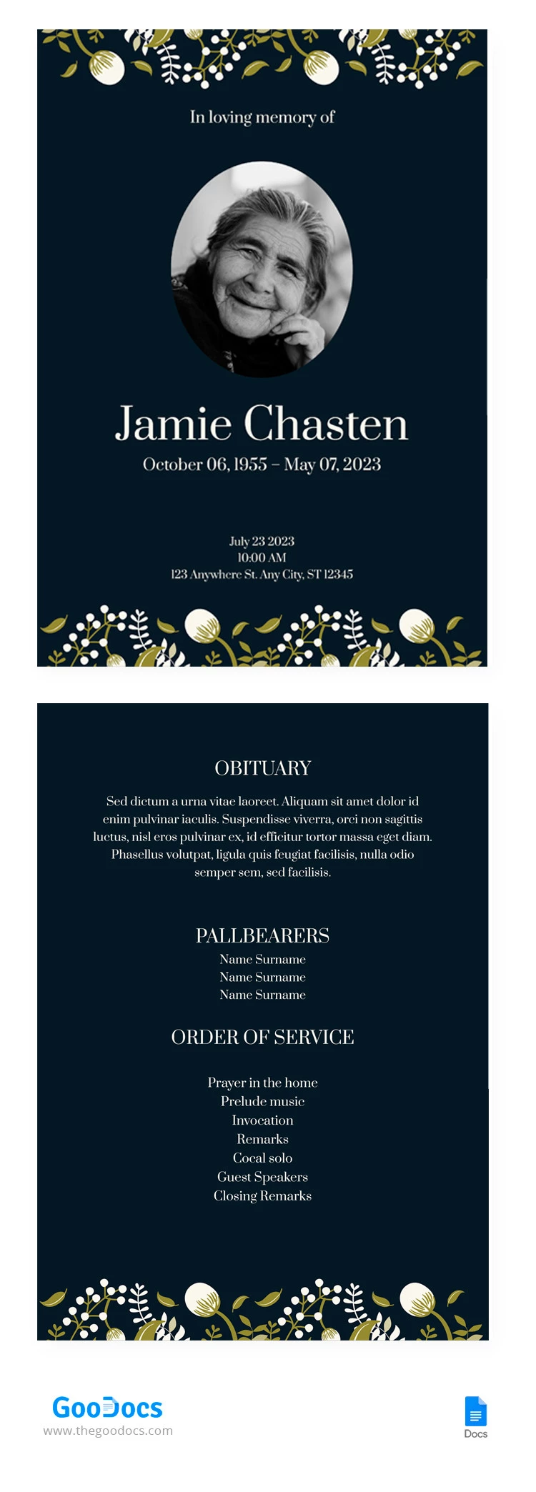 Programa de Funeral de la Flor Blanca - free Google Docs Template - 10065382