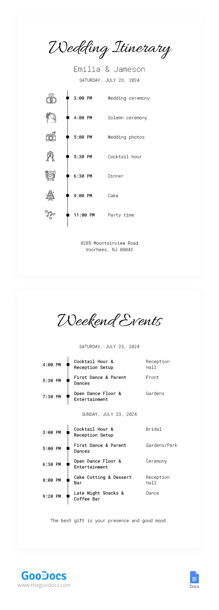 White Wedding Itinerary - free Google Docs Template - 10068727