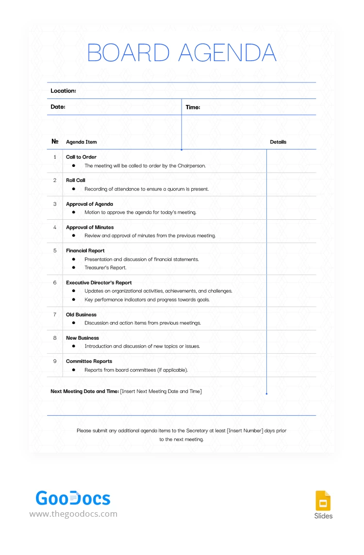Weiße einfache Tagesordnung für das Board - free Google Docs Template - 10068318