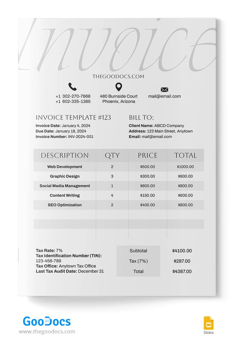 White Simple Invoice - free Google Docs Template - 10067829