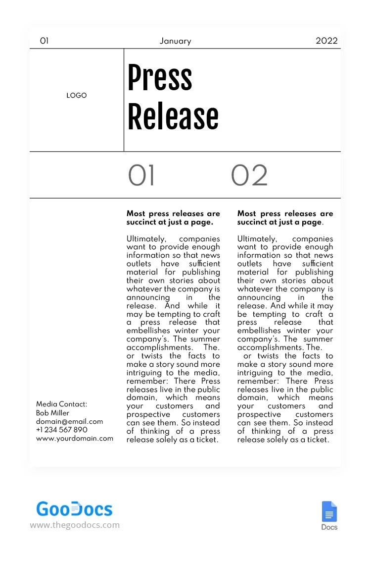 White Simple Press Release - free Google Docs Template - 10063325