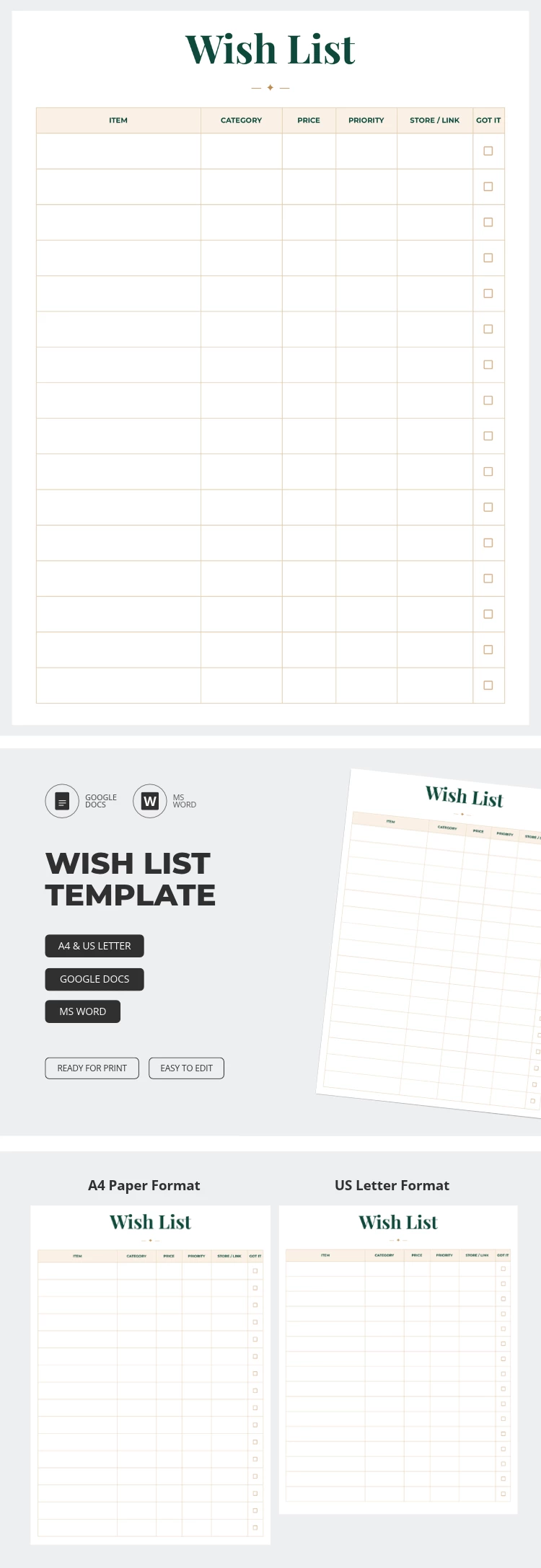 Pré-visualização de Modelo de Lista de Desejos para Google Docs and Microsoft Word