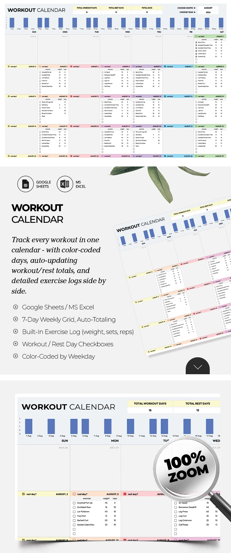 Pré-visualização de Modelo de Calendário de Treino para Google Sheets and Microsoft Excel