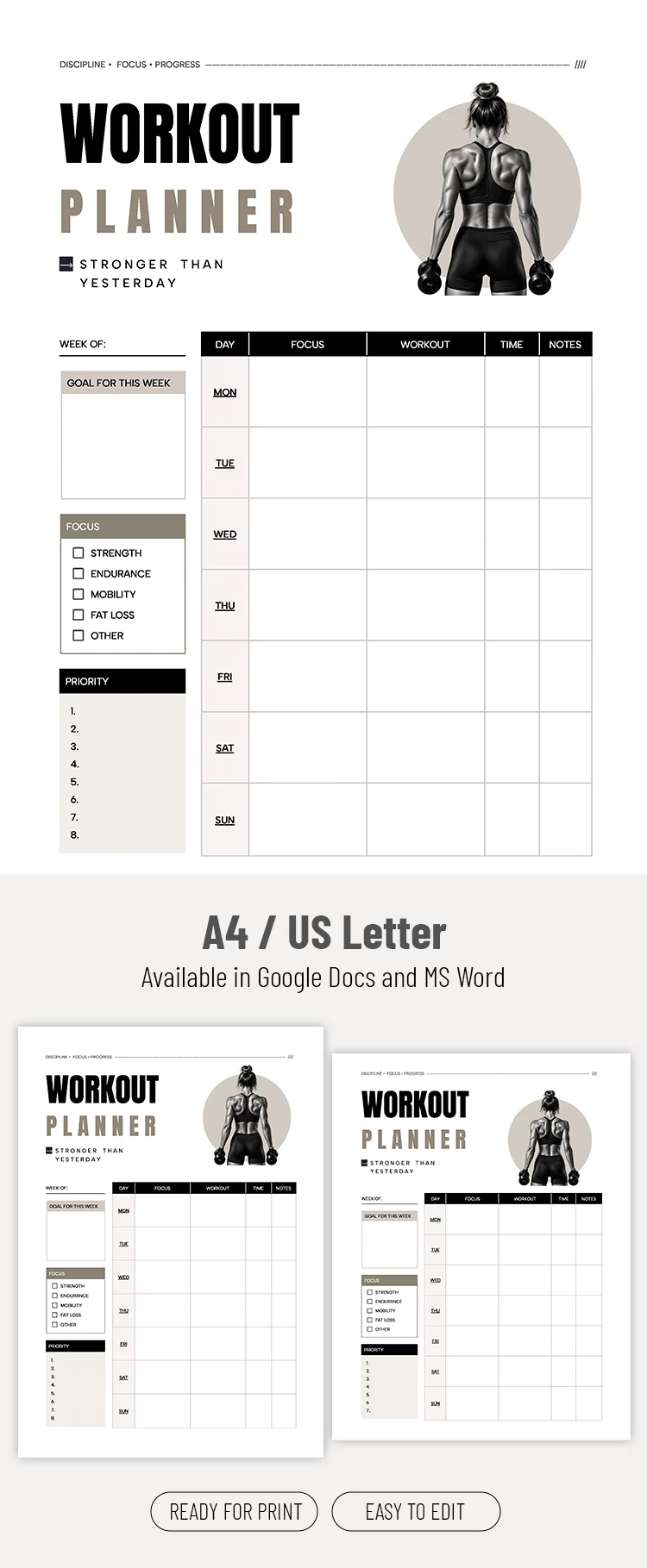 Preview of Workout Planner Template for Google Docs and Microsoft Word