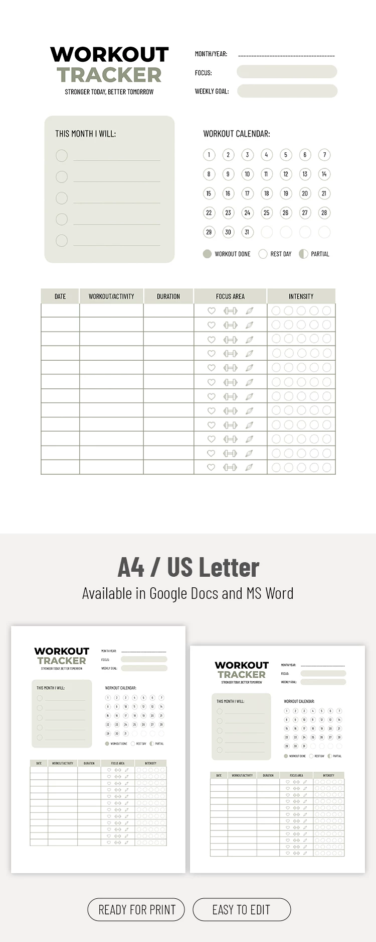 Preview of Workout Tracker Template for Google Docs and Microsoft Word