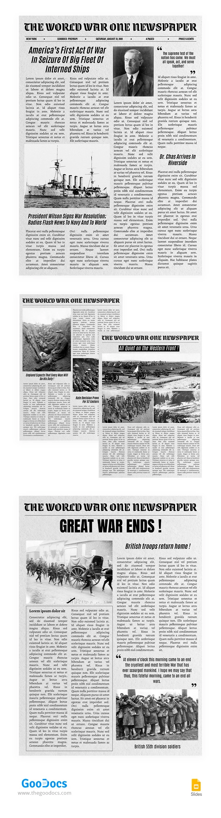Jornal da Primeira Guerra Mundial - free Google Docs Template - 10066075