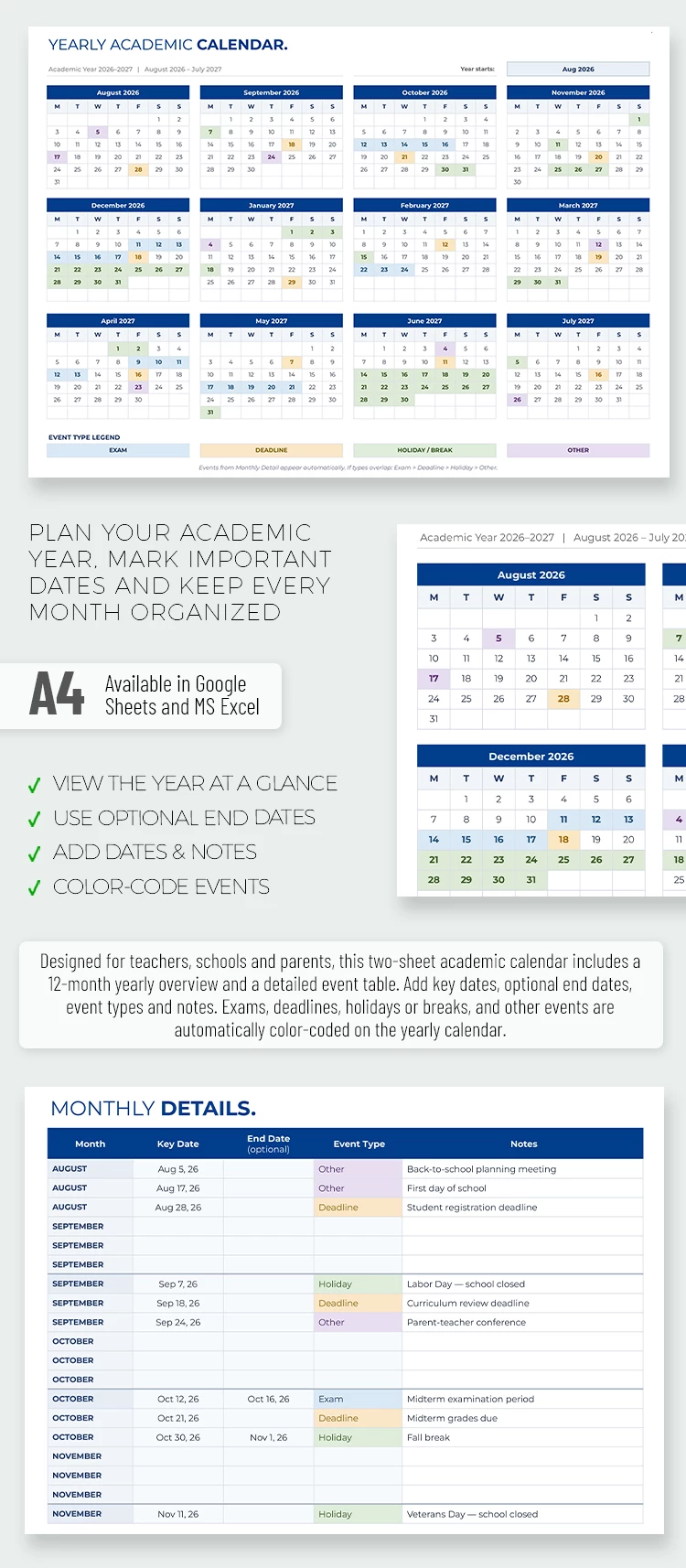 Preview of Yearly Academic Calendar Template for Google Sheets and Microsoft Excel
