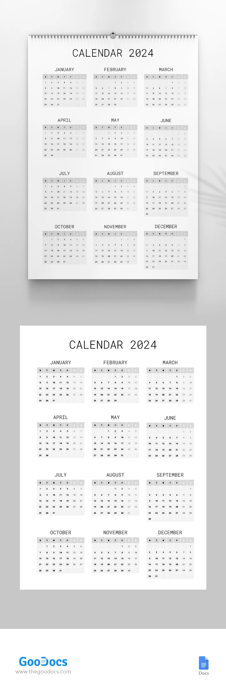 Calendrier annuel 2024 - free Google Docs Template - 10068199