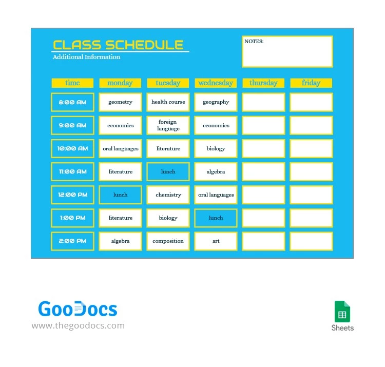 Yellow and Blue Class Schedule - free Google Docs Template - 10063579