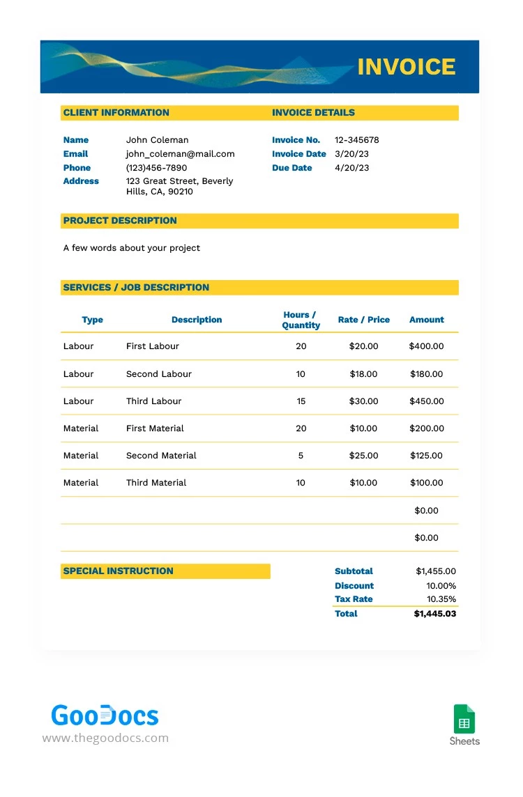 Yellow and Blue Sheet Invoice - free Google Docs Template - 10063946