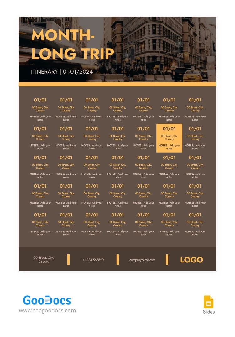 Itinerario di viaggio di un mese in giallo e marrone - free Google Docs Template - 10065770