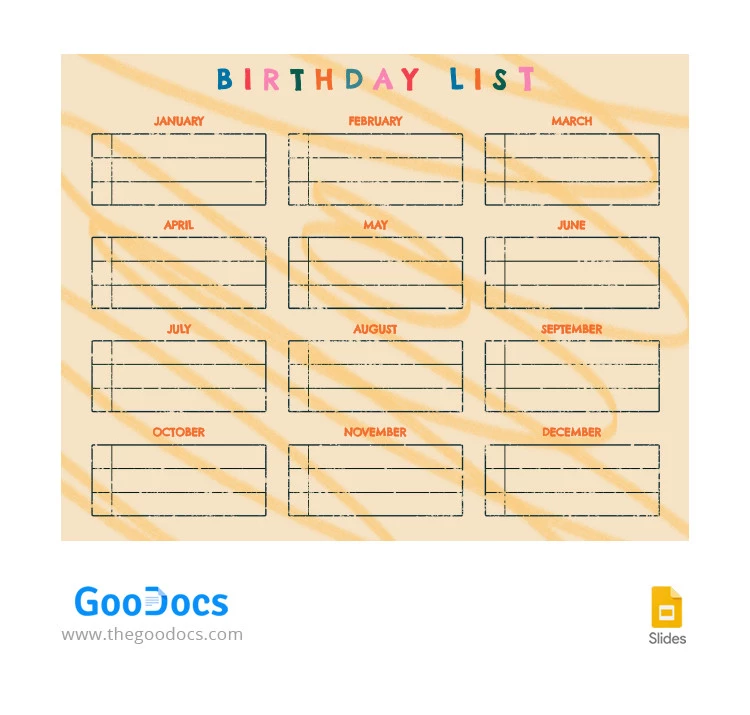 Elenco di compleanno giallo - free Google Docs Template - 10065328
