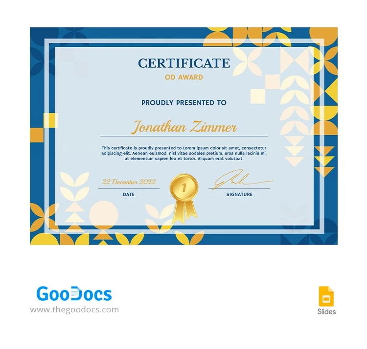 Certificato di premio Giallo-Azzurro - free Google Docs Template - 10065143