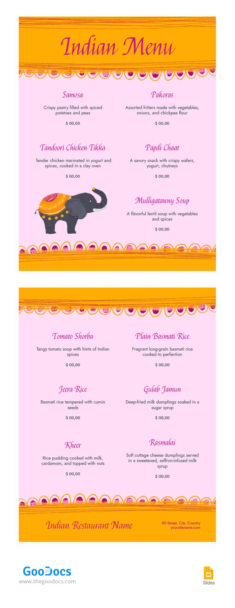 黄色可爱的印度餐厅菜单 - free Google Docs Template - 10066273