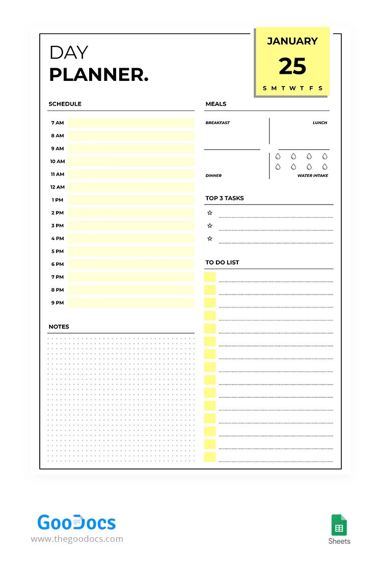 Planificador diario amarillo - free Google Docs Template - 10067791