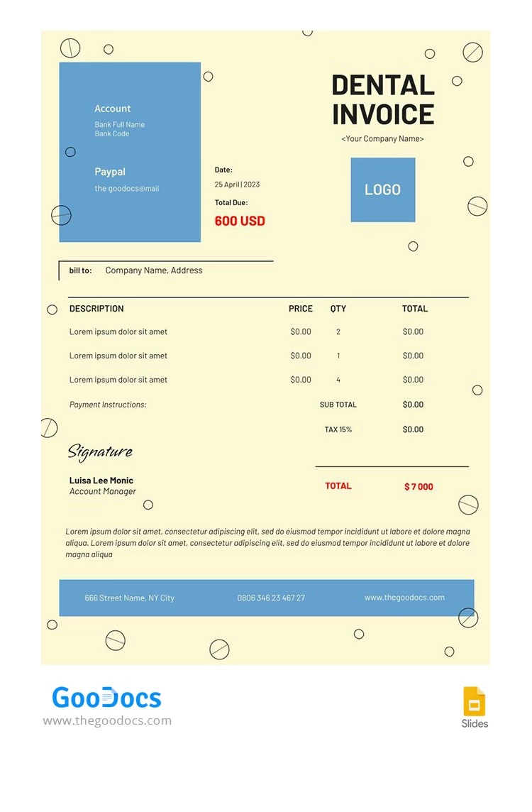 Facture dentaire jaune - free Google Docs Template - 10065760