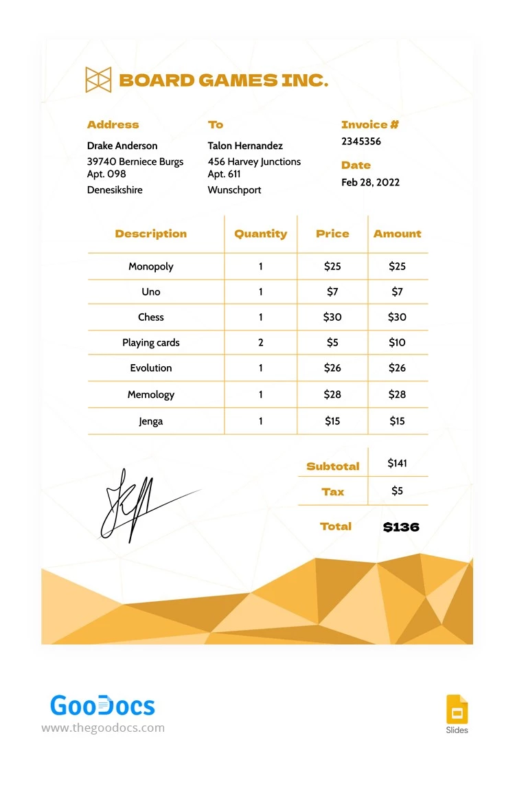 Yellow Games Invoice - free Google Docs Template - 10063228