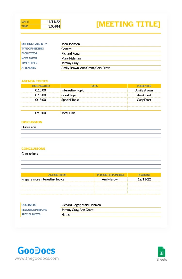 Nota de reunión amarilla - free Google Docs Template - 10062902