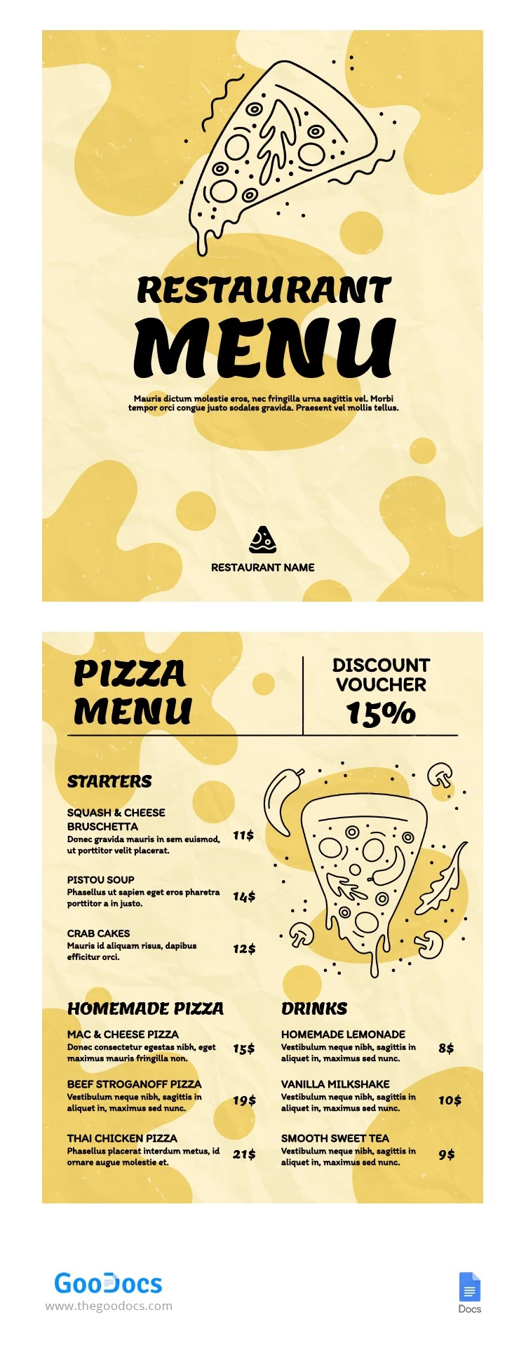 Gelbe Pizza-Restaurantkarte - free Google Docs Template - 10065983