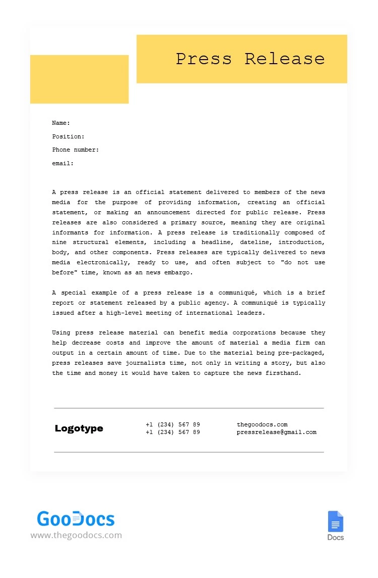 Comunicado de Prensa Amarilla - free Google Docs Template - 10063166