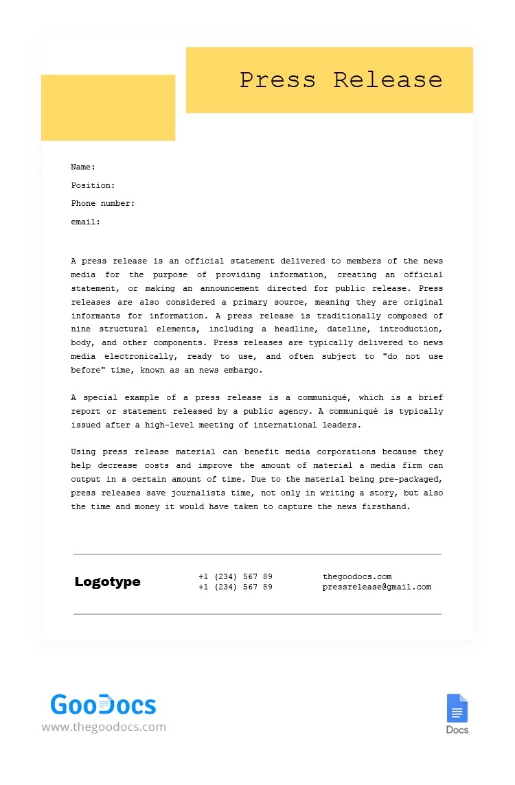 Comunicato stampa Giallo - free Google Docs Template - 10063166