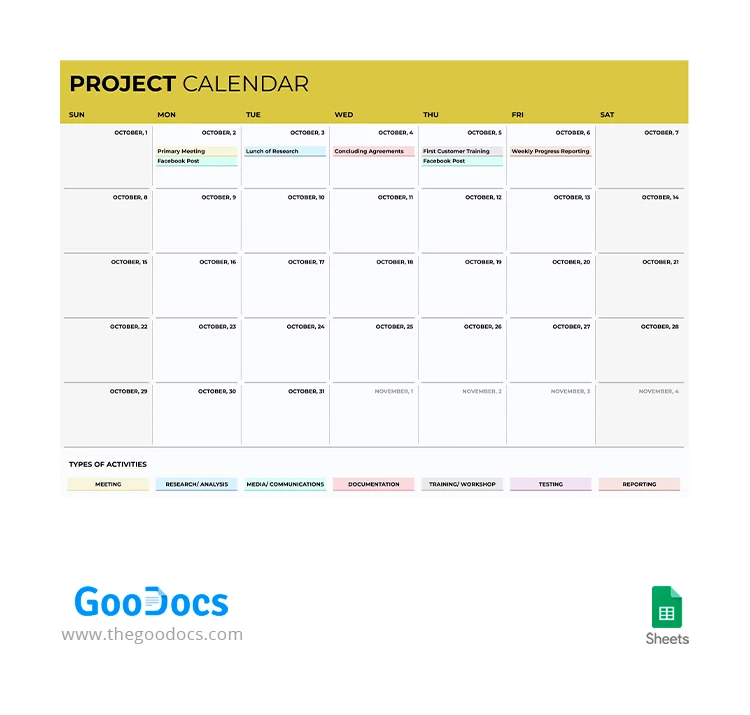 Calendário do Projeto Amarelo - free Google Docs Template - 10067023