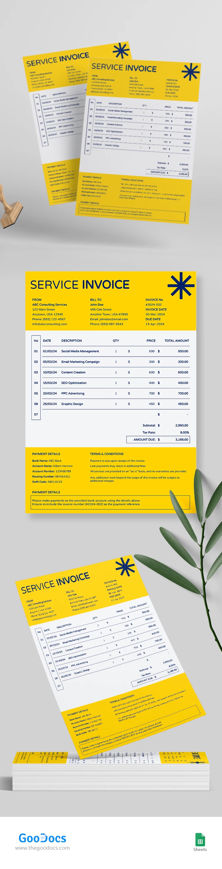 Fatura de Serviço Amarelo - free Google Docs Template - 10068458