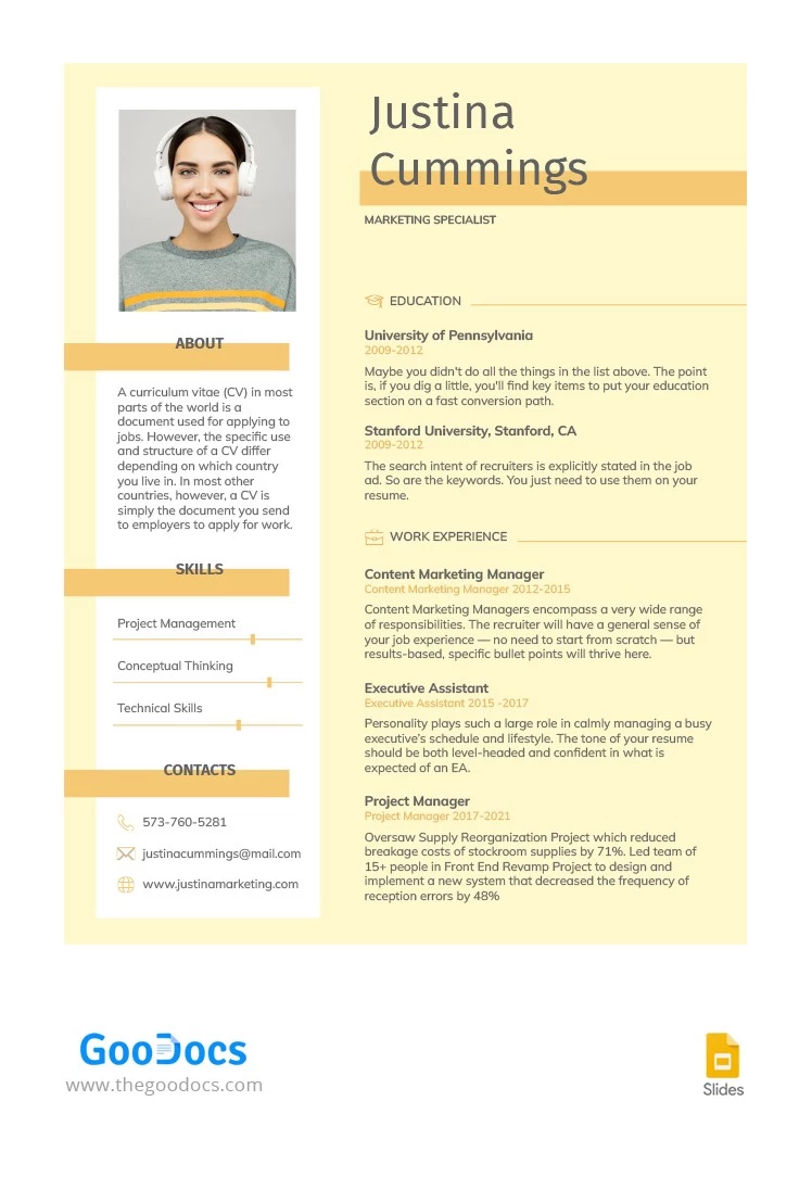 CV Simples Amarelo - free Google Docs Template - 10063149