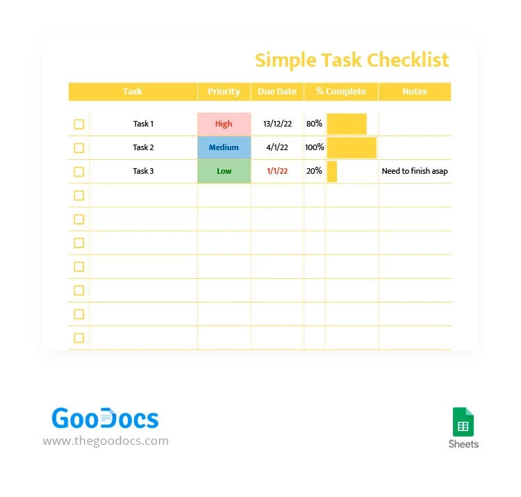 Lista de verificación de tareas simples en color amarillo - free Google Docs Template - 10063359