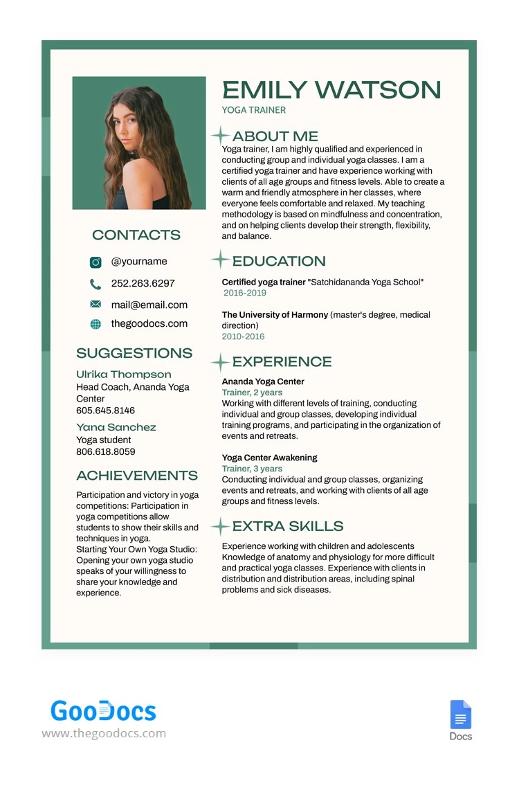 Yoga Instructor Resume - free Google Docs Template - 10066063