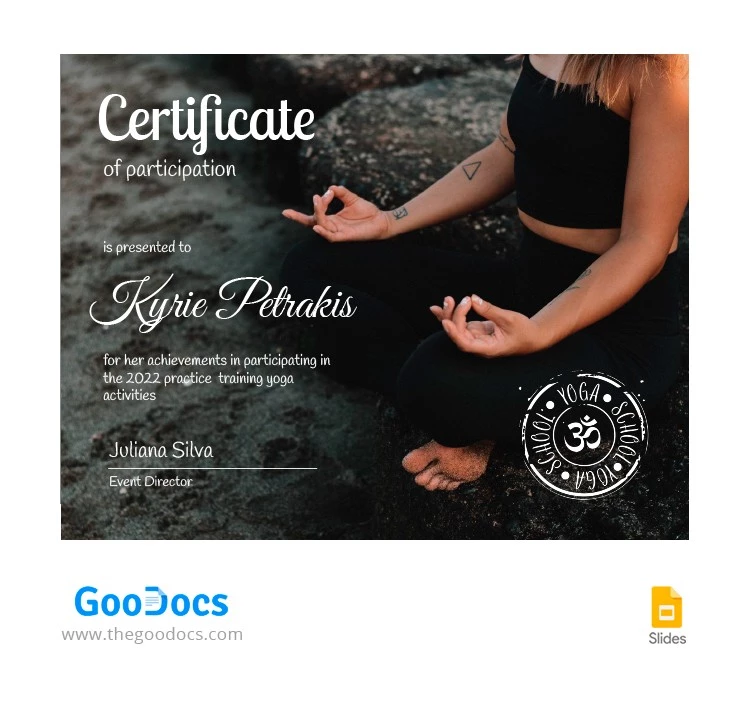 Certificat de pratique du yoga - free Google Docs Template - 10063871