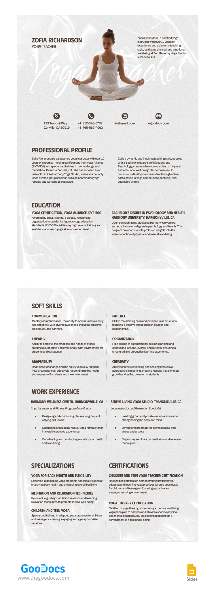 Yoga Teacher Resume - free Google Docs Template - 10067949