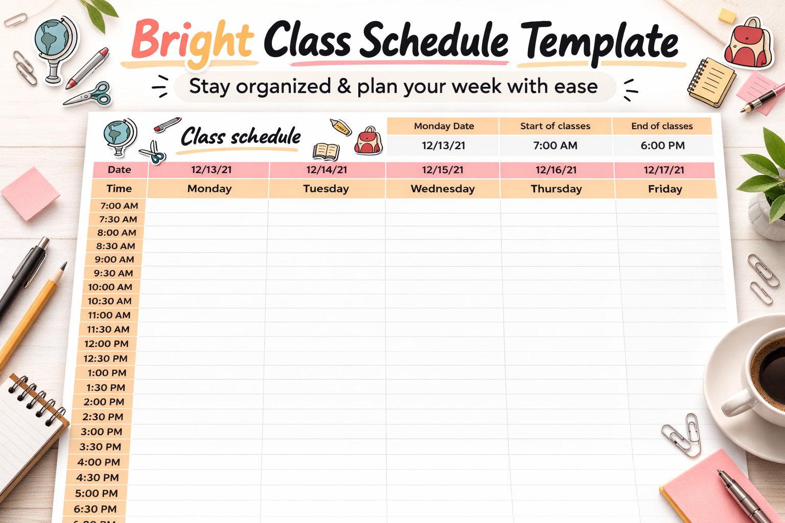 Preview of Bright Class Schedule for Google Sheets and Microsoft Excel - View 1