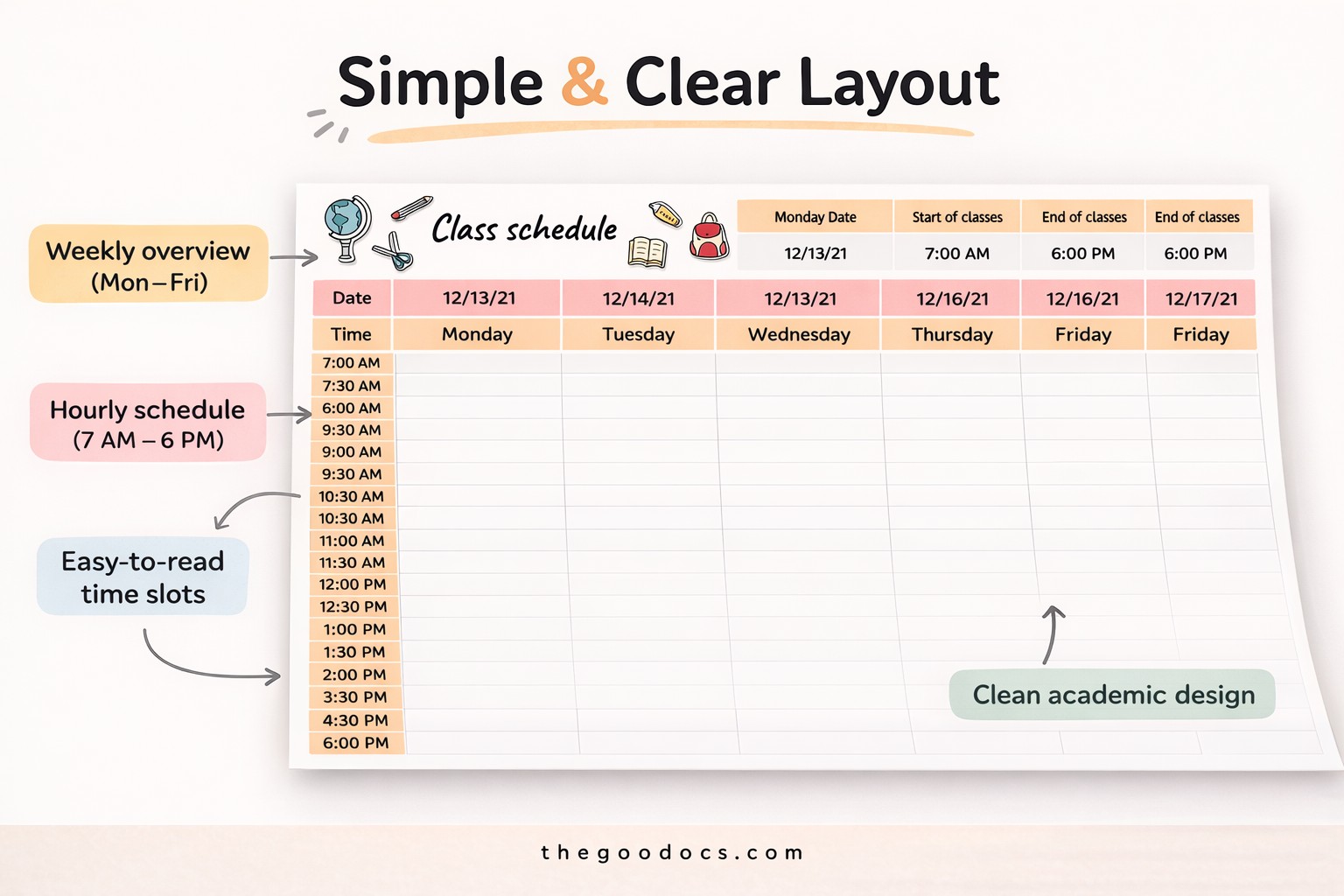 Preview of Bright Class Schedule for Google Sheets and Microsoft Excel - View 2