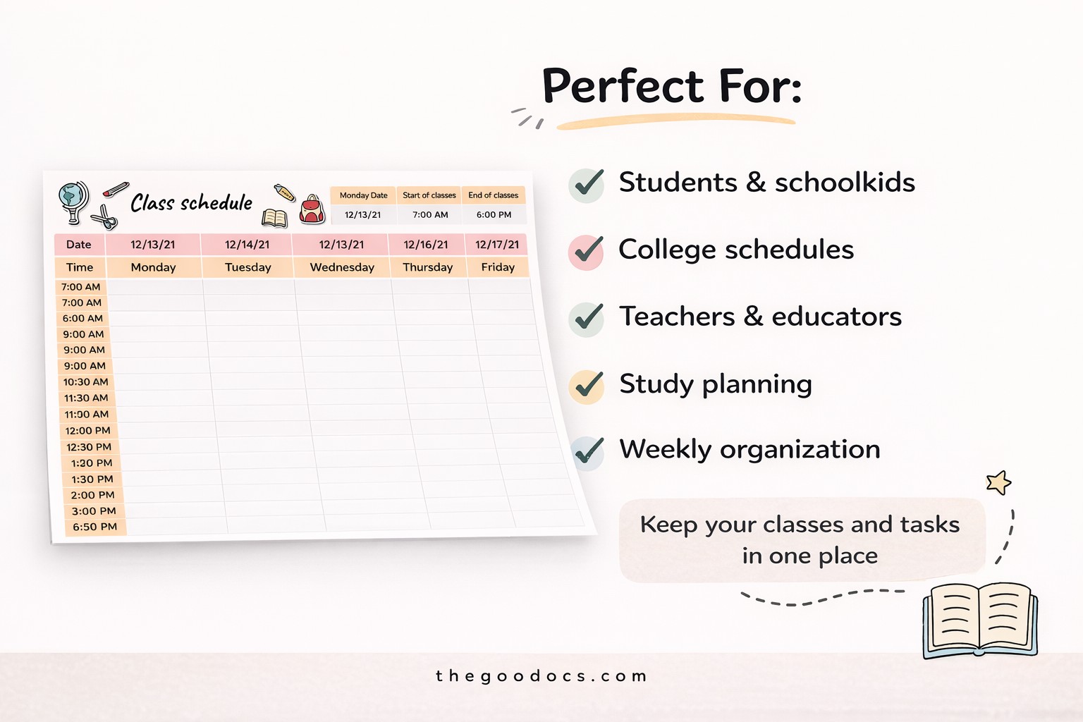 Preview of Bright Class Schedule for Google Sheets and Microsoft Excel - View 3