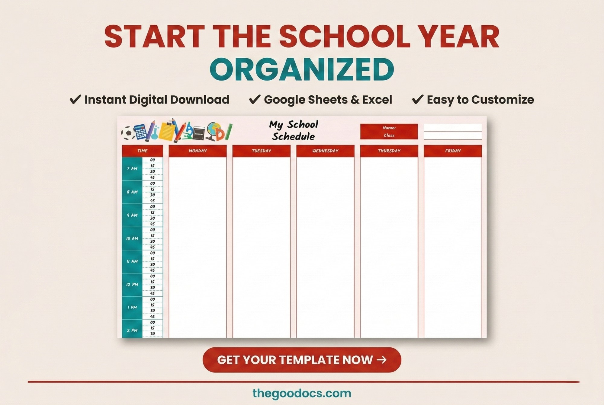 Preview of Bright School Schedule for Google Sheets and Microsoft Excel - View 5