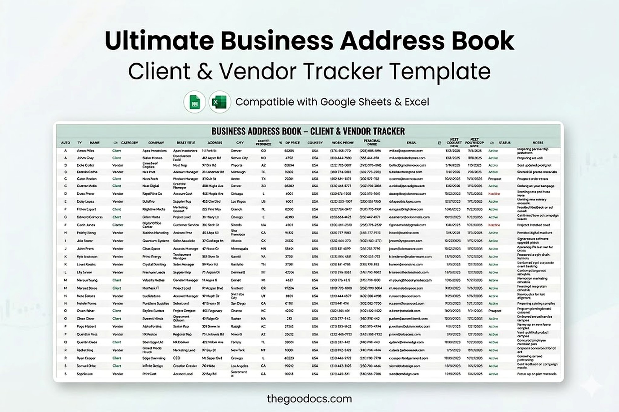 Preview of Business Address Book – Client & Vendor Tracker Template for Google Sheets and Microsoft Excel - View 1