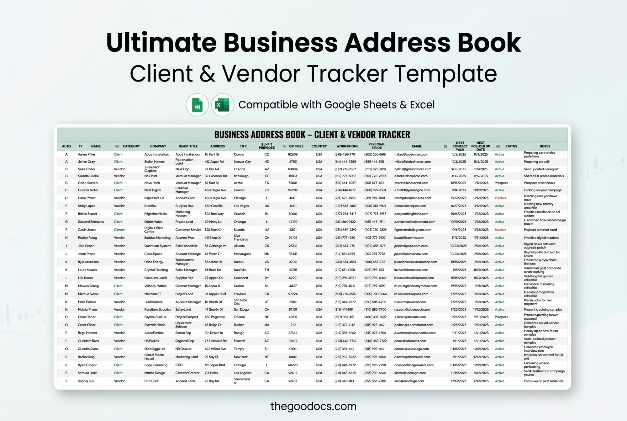 Preview of Business Address Book – Client & Vendor Tracker Template for Google Sheets and Microsoft Excel - View 1