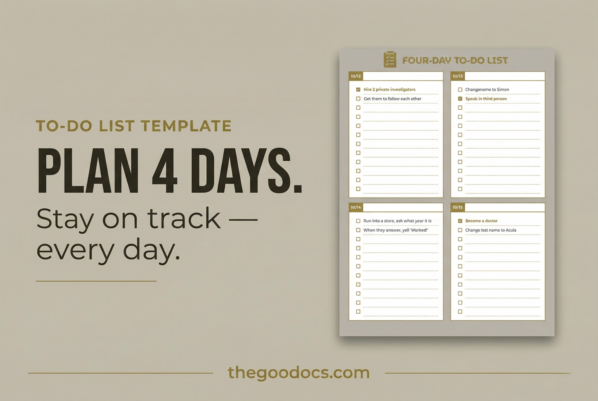 Preview of Golden Four-Day To-Do List for Google Sheets and Microsoft Excel - View 1