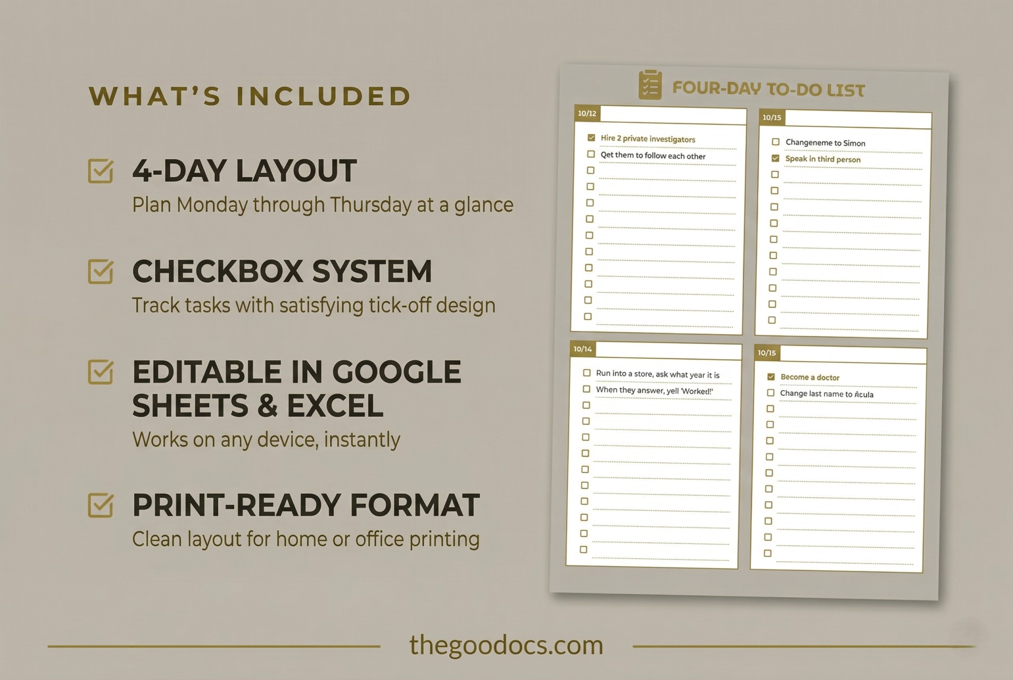Preview of Golden Four-Day To-Do List for Google Sheets and Microsoft Excel - View 2