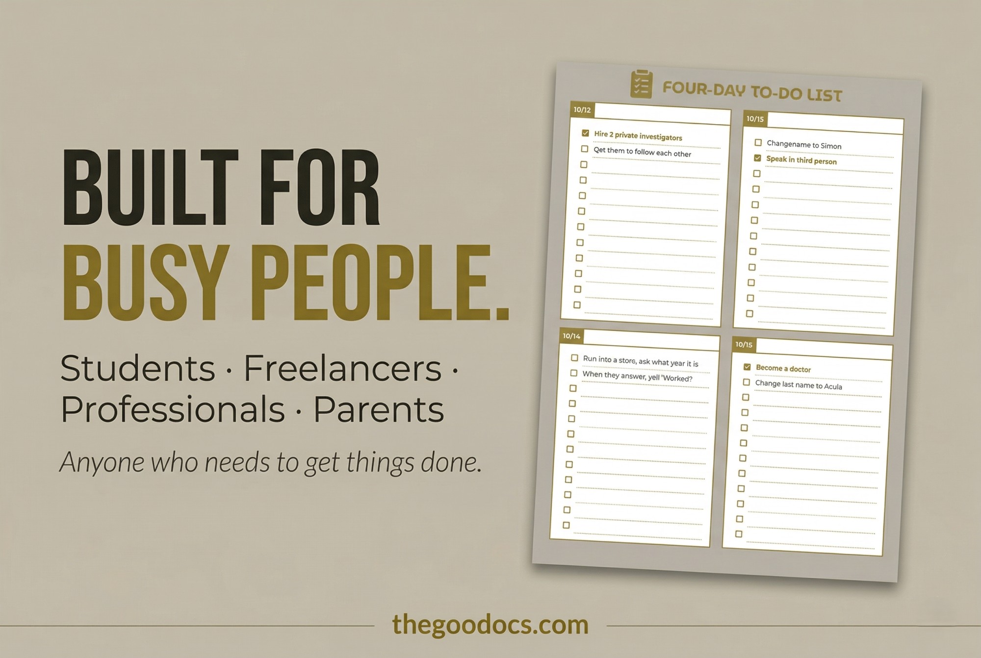 Preview of Golden Four-Day To-Do List for Google Sheets and Microsoft Excel - View 3