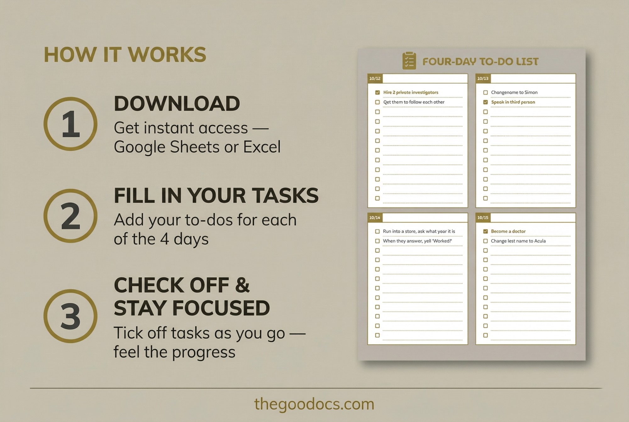 Preview of Golden Four-Day To-Do List for Google Sheets and Microsoft Excel - View 4