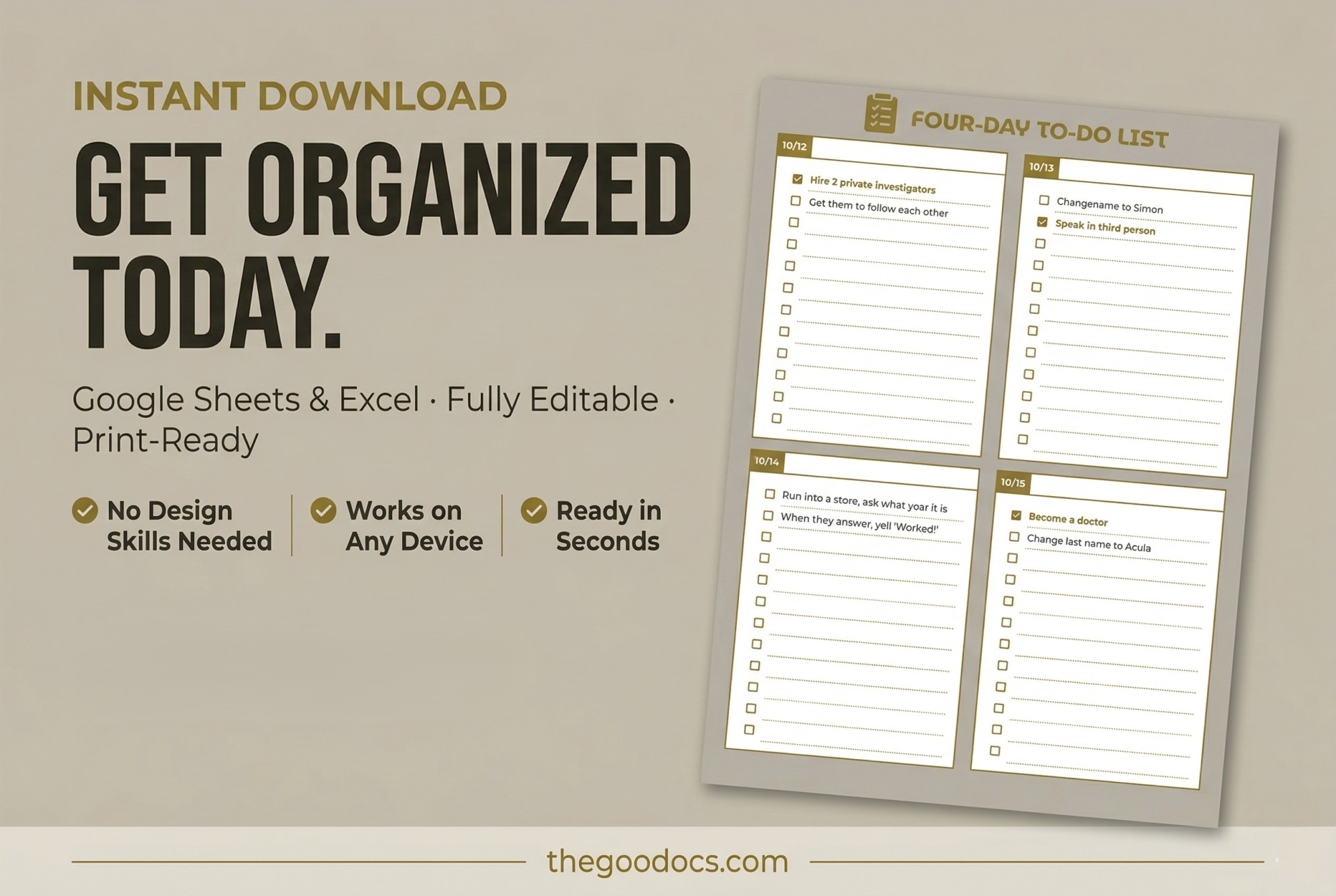 Preview of Golden Four-Day To-Do List for Google Sheets and Microsoft Excel - View 5
