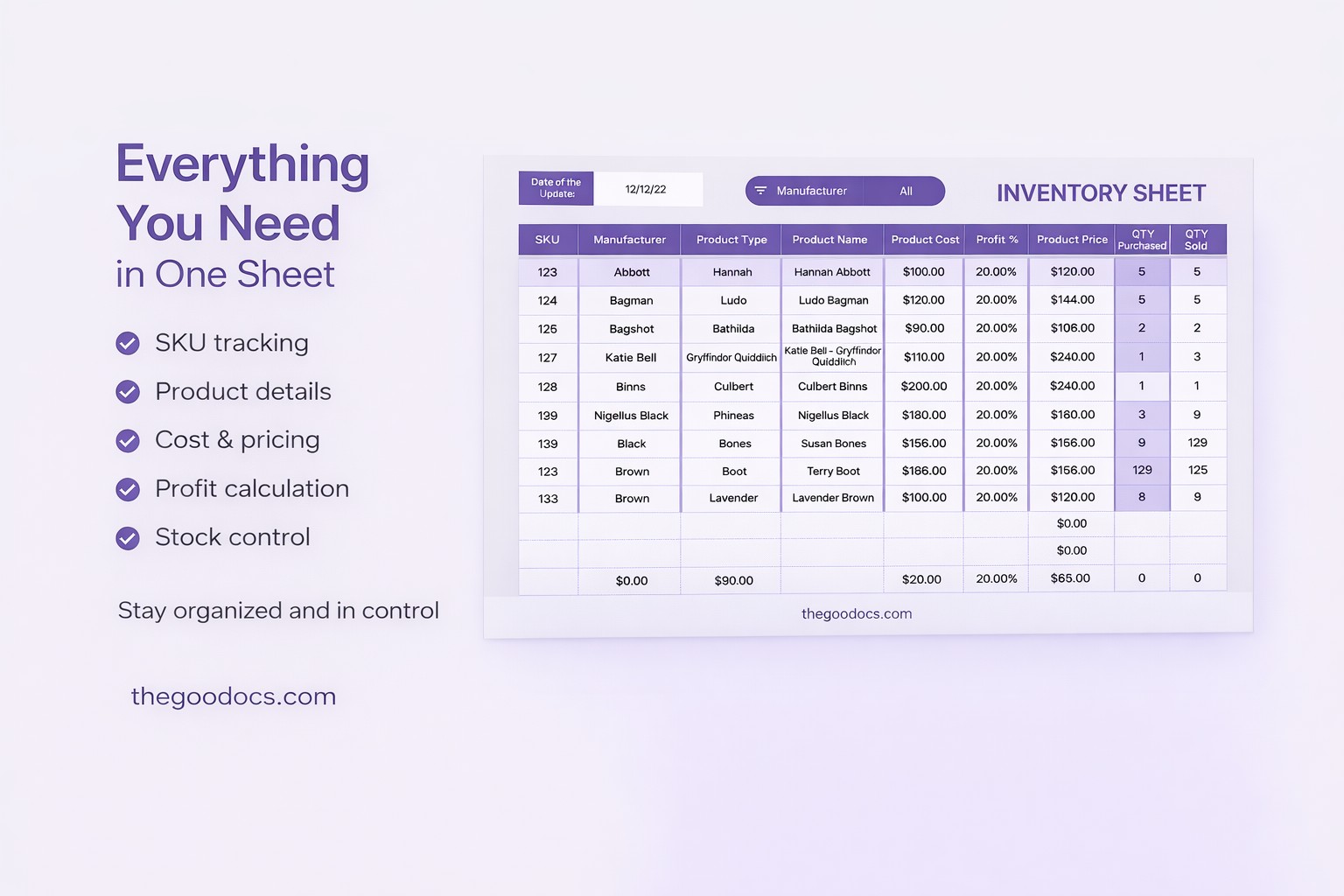 Aperçu de Feuille d'inventaire gris et mauve pour Google Sheets and Microsoft Excel - Voir 2