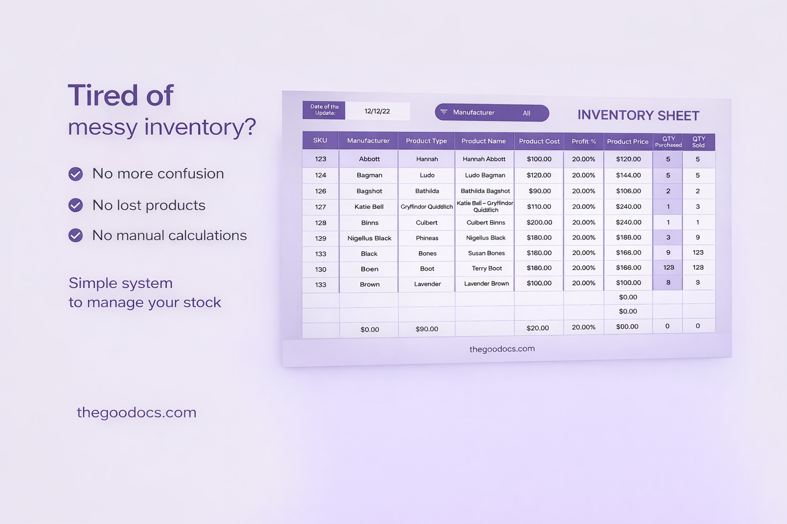 Aperçu de Feuille d'inventaire gris et mauve pour Google Sheets and Microsoft Excel - Voir 3