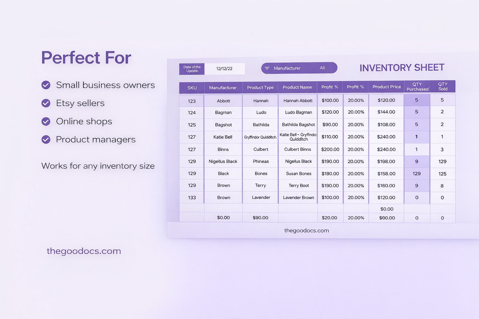Aperçu de Feuille d'inventaire gris et mauve pour Google Sheets and Microsoft Excel - Voir 4