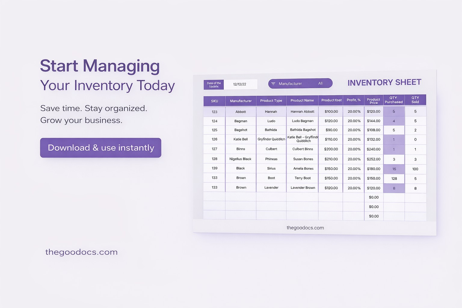 Aperçu de Feuille d'inventaire gris et mauve pour Google Sheets and Microsoft Excel - Voir 5