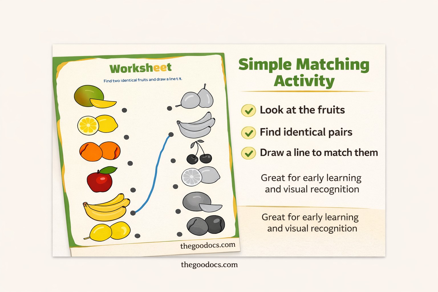 Pré-visualização de Folha de Exercícios Verde-Amarelo de Frutas para Google Docs and Microsoft Word - Ver 2