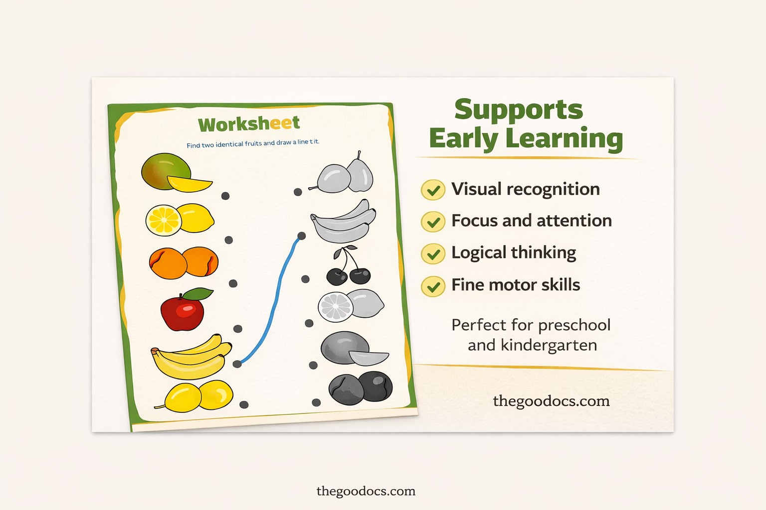 Pré-visualização de Folha de Exercícios Verde-Amarelo de Frutas para Google Docs and Microsoft Word - Ver 3