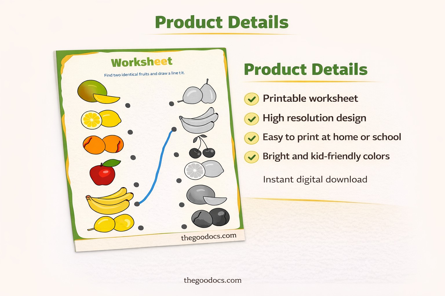Pré-visualização de Folha de Exercícios Verde-Amarelo de Frutas para Google Docs and Microsoft Word - Ver 5